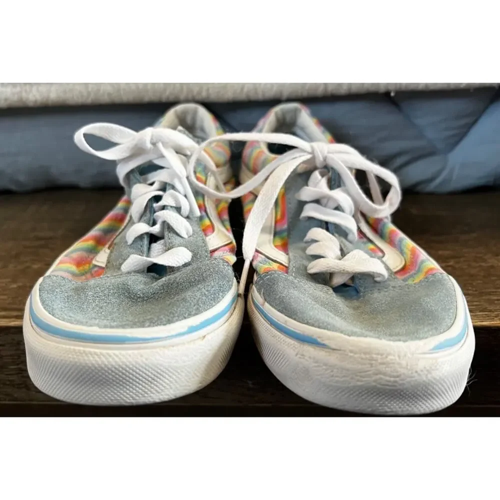 Vans Girls Size 4.5 Baby Blue with Rainbow Detail Sneakers